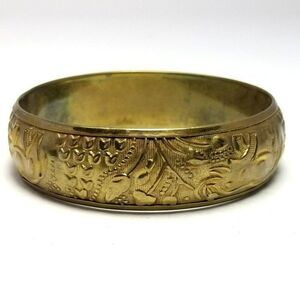 Vintage Brass Color Leaf Design Bangle Bracelet, Stacking, Estate